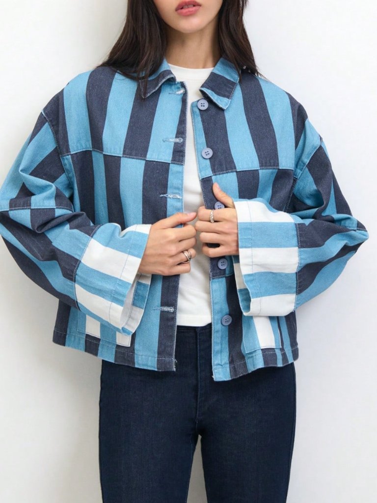 Blue Casual Women's Striped Cropped Jacket With Contrast Patch Pockets